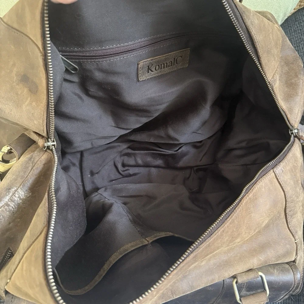 KomalC Distressed Brown Buffalo Leather Large Duffel Weekender Bag Shoe Comp